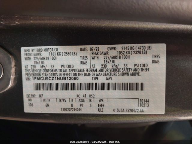 1FMCU9CZ1NUB12060 Ford Escape Sel Hybrid