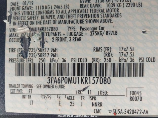 3FA6P0MU1KR157080 Ford Fusion Hybrid Sel