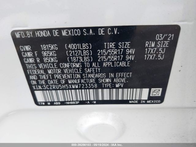3CZRU5H5XMM723358 Honda Hr-v 2wd Ex