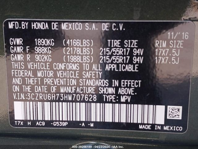 3CZRU6H73HM707628 Honda Hr-v Ex-l