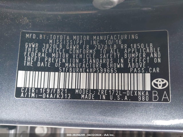 Toyota COROLLA LE 2017 5YFBURHE4HP599665 Image 9