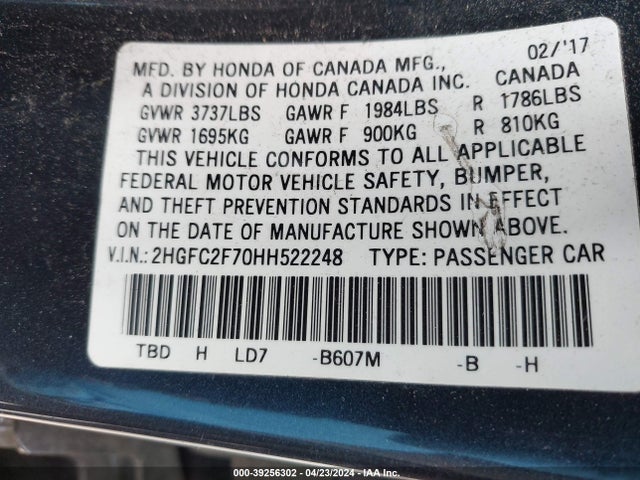 Honda CIVIC EX 2017 2HGFC2F70HH522248 Image 9