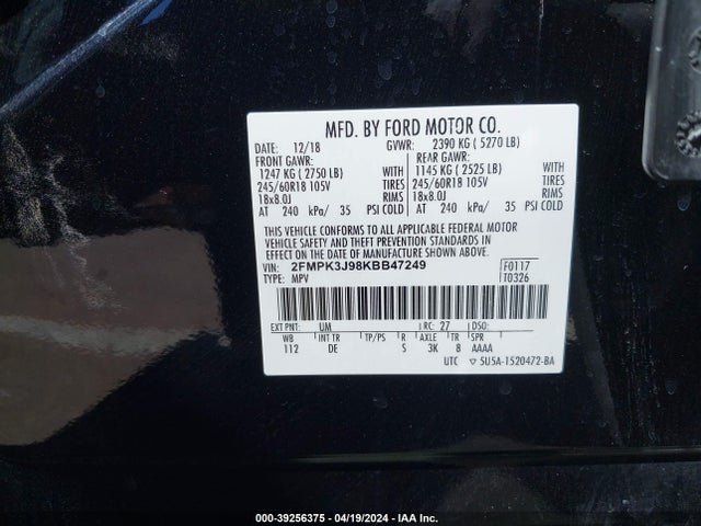 Ford EDGE SEL 2019 2FMPK3J98KBB47249 Image 9