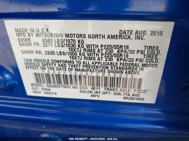 4A4AP3AU4FE049936 Mitsubishi Outlander Sport Es