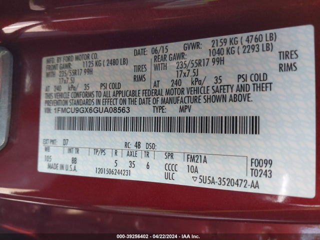 Ford ESCAPE SE 2016 1FMCU9GX6GUA08563 Image 9