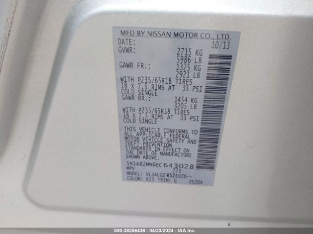 5N1AR2MN6EC643028 Nissan Pathfinder Sl