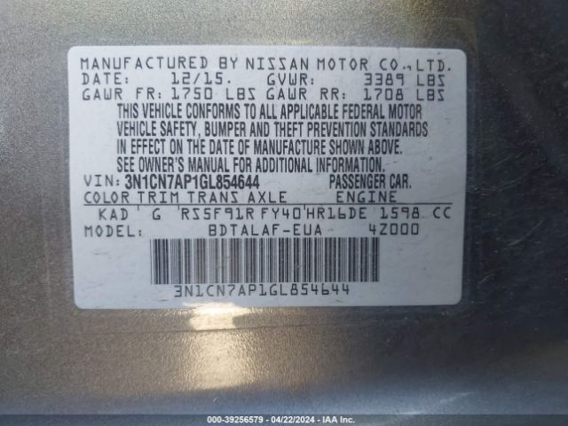 3N1CN7AP1GL854644 Nissan Versa 1.6 S