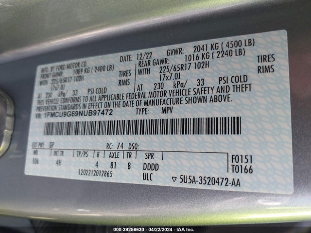 Ford ESCAPE SE 2022 1FMCU9G69NUB97472 Image 9