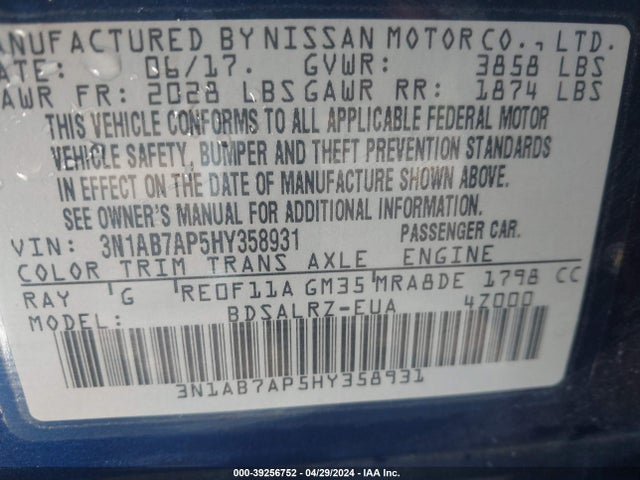 Nissan SENTRA SR 2017 3N1AB7AP5HY358931 Image 9