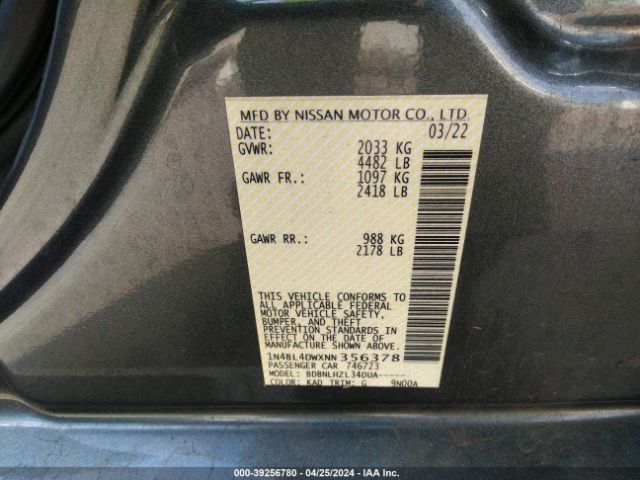 1N4BL4DWXNN356378 Nissan Altima Sv Intelligent Awd