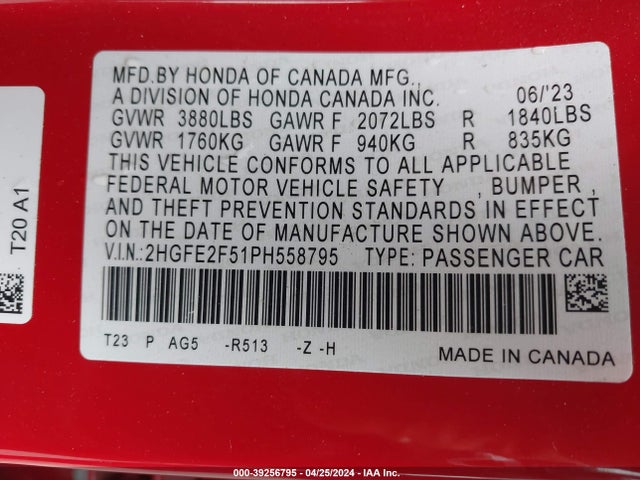Honda Civic Sport 2023 2HGFE2F51PH558795 Image 9