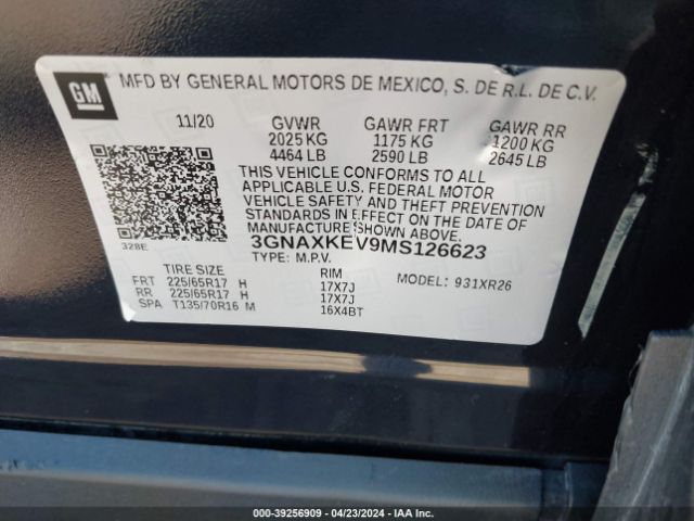 3GNAXKEV9MS126623 Chevrolet Equinox Fwd Lt