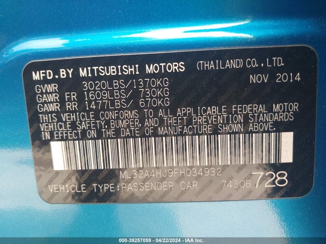 ML32A4HJ9FH034932 Mitsubishi MIRAGE ES