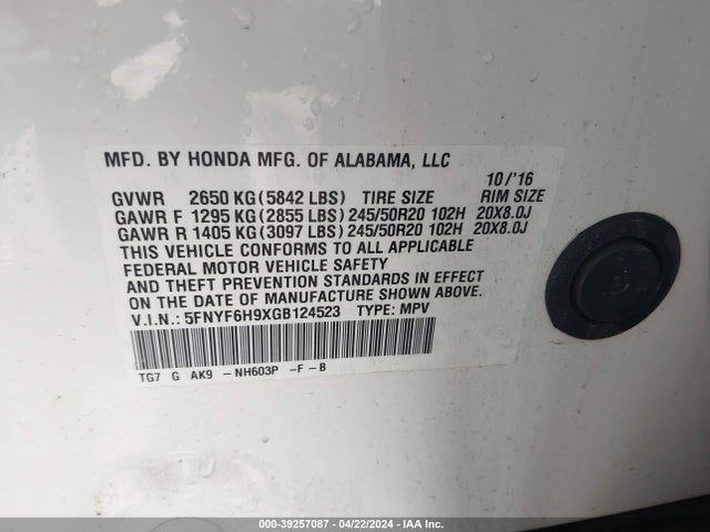 Honda Pilot Touring 2016 5FNYF6H9XGB124523 Image 9