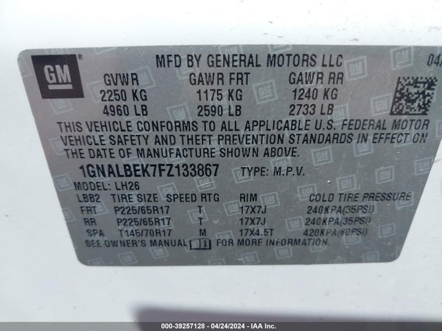 Chevrolet EQUINOX 1LT 2015 1GNALBEK7FZ133867 Image 9