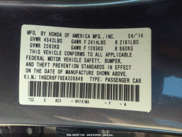 1HGCR6F76EA006849 Honda Accord Hybrid Touring