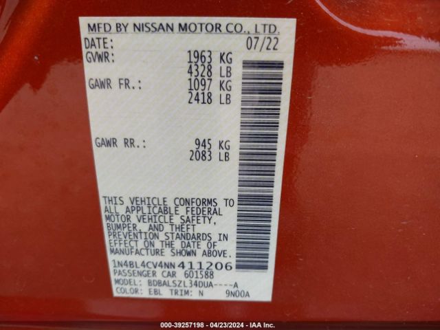 1N4BL4CV4NN411206 Nissan Altima Sr Fwd