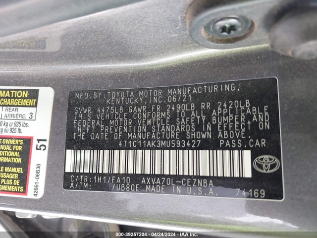 Toyota CAMRY LE 2021 4T1C11AK3MU593427 Image 9