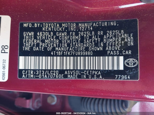 Toyota CAMRY XSE 2015 4T1BF1FK7FU899880 Image 9