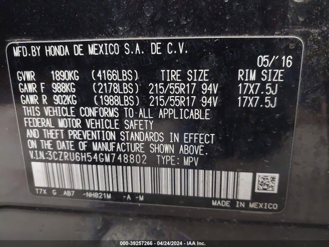 Honda HR-V EX 2016 3CZRU6H54GM748802 Image 9