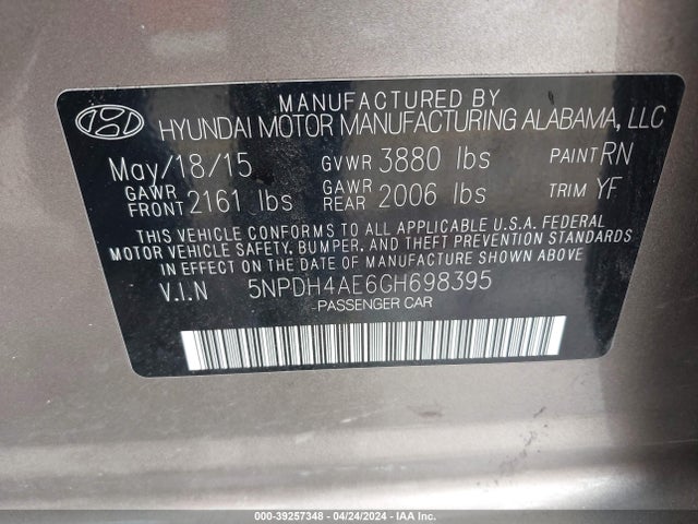 Hyundai ELANTRA SE 2016 5NPDH4AE6GH698395 Image 9