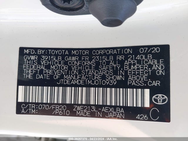 Toyota Corolla Hybrid Le 2021 JTDEAMDE1MJ010939 Image 9