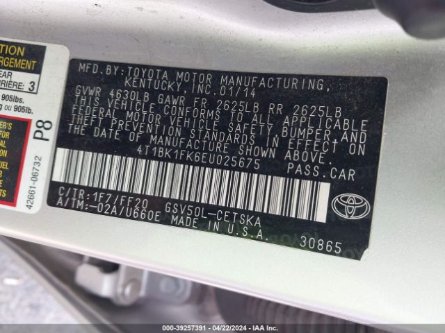 4T1BK1FK6EU025675 Toyota Camry Se V6