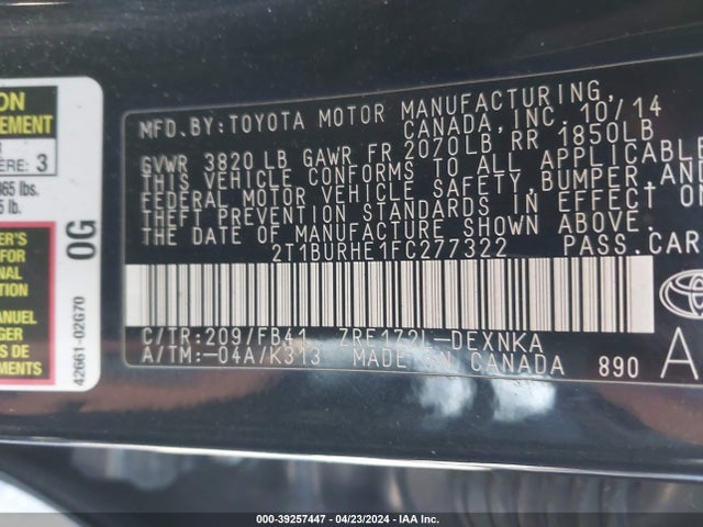 Toyota COROLLA LE 2015 2T1BURHE1FC277322 Image 9