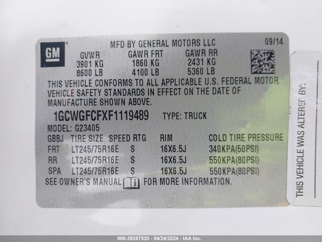 Chevrolet Express 2500 Work Van 2015 1GCWGFCFXF1119489 Image 9