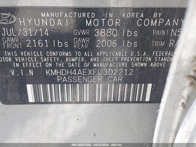 Hyundai ELANTRA SE 2015 KMHDH4AEXFU302212 Image 9