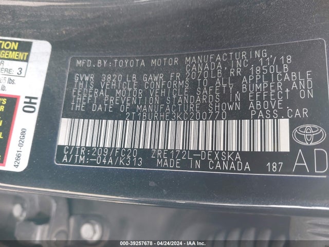 Toyota COROLLA SE 2019 2T1BURHE3KC200770 Image 9