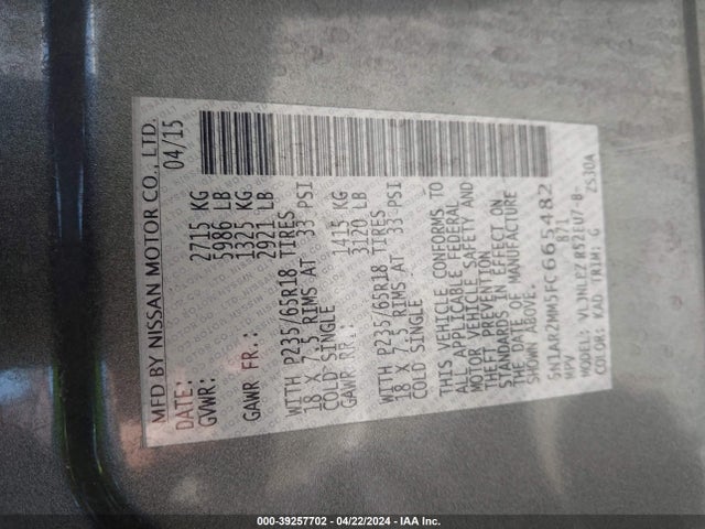 Nissan Pathfinder Platinum/s/sl/sv 2015 5N1AR2MM5FC665482 Image 9