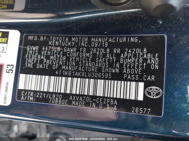 Toyota CAMRY XSE 2020 4T1K61AKXLU306595 Image 9
