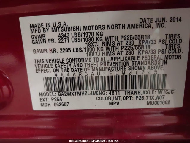 4A4AR3AU1FE001045 Mitsubishi Outlander Sport Es