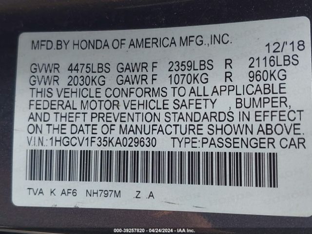 1HGCV1F35KA029630 Honda Accord Sport