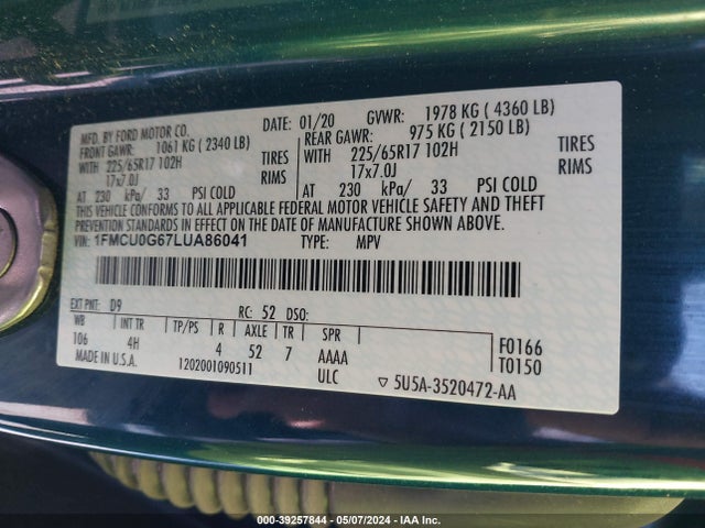 Ford ESCAPE SE 2020 1FMCU0G67LUA86041 Image 9
