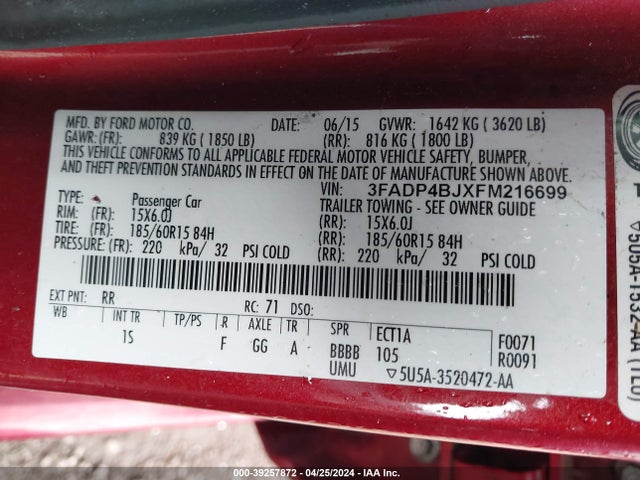 Ford FIESTA SE 2015 3FADP4BJXFM216699 Image 9