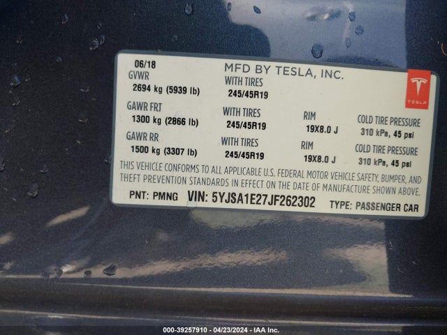 Tesla Model S 100d/75d/p100d 2018 5YJSA1E27JF262302 Image 9