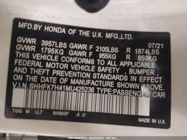 SHHFK7H41MU425236 Honda Civic Sport