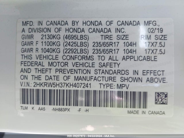 Honda CR-V LX 2019 2HKRW5H37KH407241 Image 9