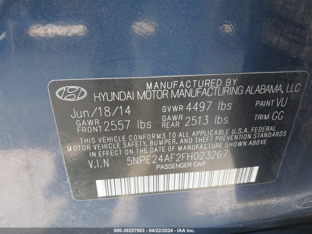 Hyundai SONATA SE 2015 5NPE24AF2FH023267 Image 9