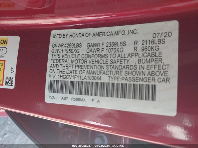 Honda ACCORD LX 2020 1HGCV1F11LA103044 Image 9