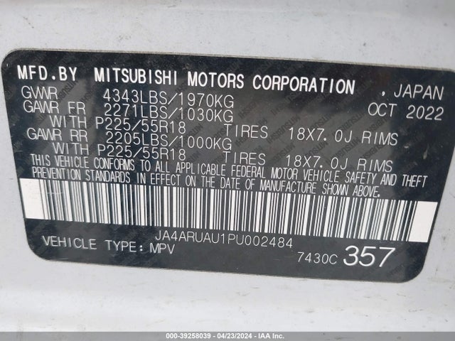 JA4ARUAU1PU002484 Mitsubishi Outlander Sport 2.0 Es Awc/2.0 Le Awc/2.0 Ralliart Awc/2.0 S Awc/2.0 Se Awc