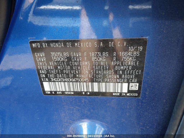 Honda FIT EX 2019 3HGGK5H80KM750645 Image 9