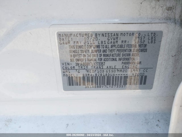 Nissan Sentra S Xtronic Cvt 2020 3N1AB8BV7LY273357 Image 9