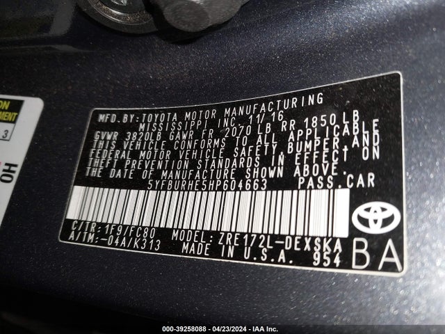 Toyota COROLLA SE 2017 5YFBURHE5HP604663 Image 9