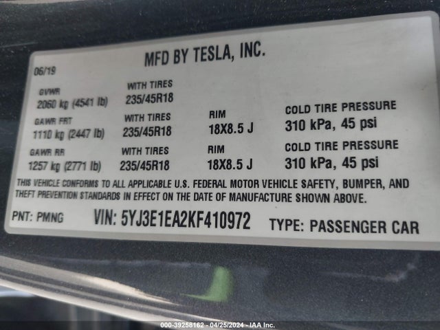 Tesla Model 3 Long Range/mid Range/standard Range/standard Range Plus 2019 5YJ3E1EA2KF410972 Image 9