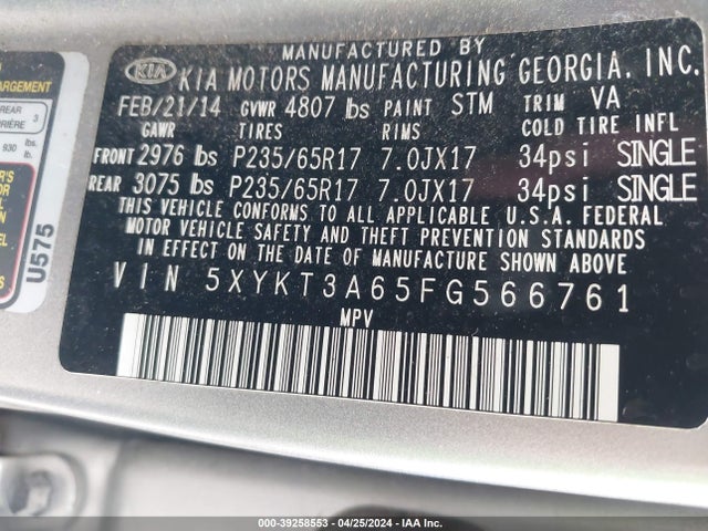 KIA SORENTO LX 2015 5XYKT3A65FG566761 Image 9
