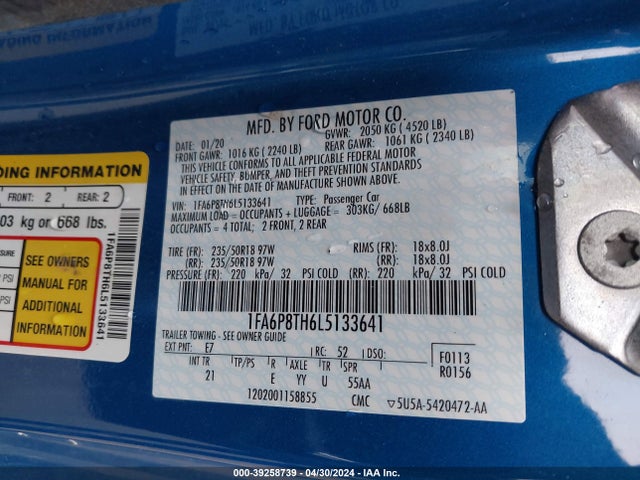 Ford Mustang Ecoboost Fastback 2020 1FA6P8TH6L5133641 Image 9