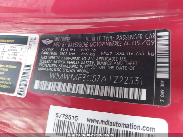 2010 MINI COOPER WMWMF3C57ATZ22531 Photo 8